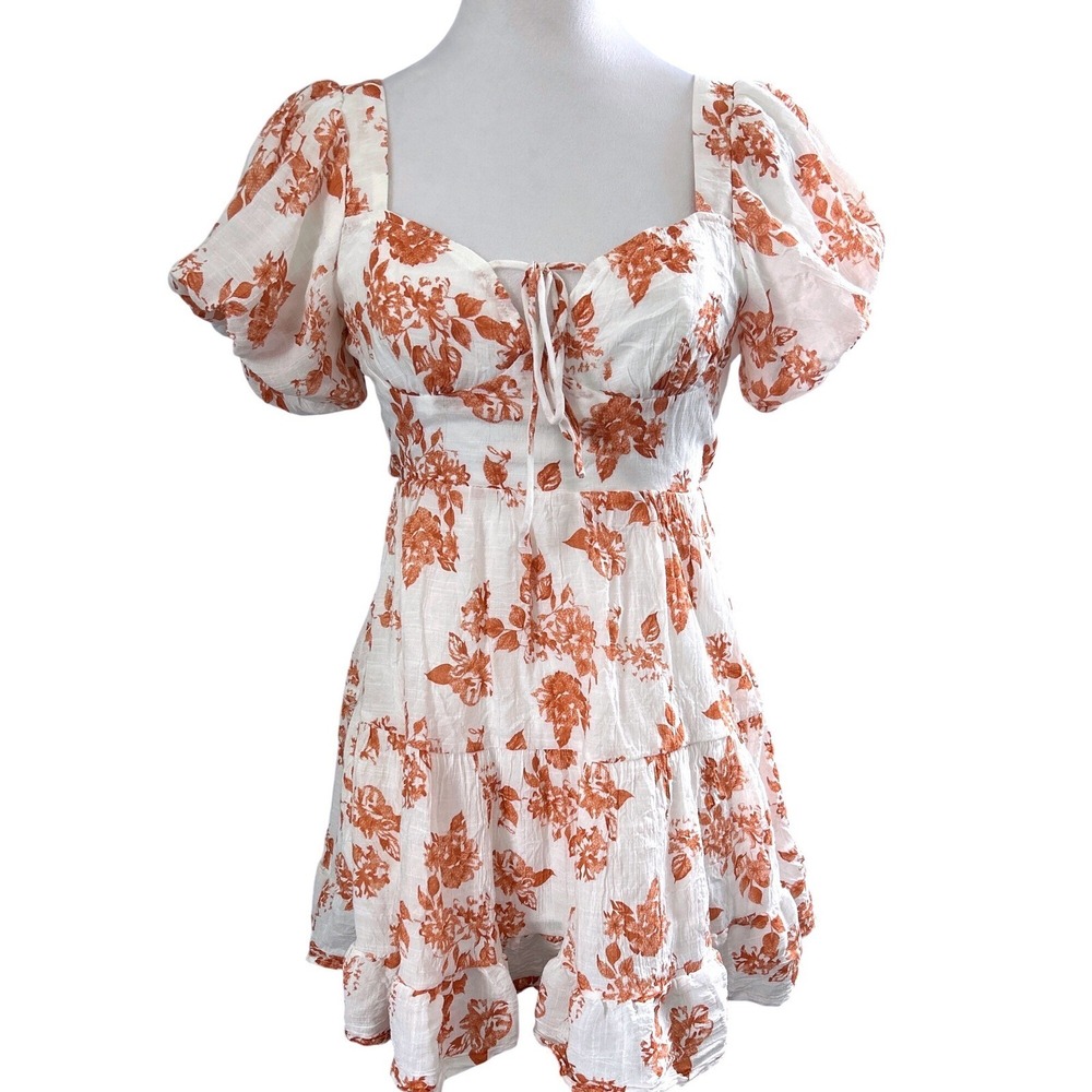 The Vintage Shop Boho Rust Floral Puff Sleeve Open Back Mini Dress Festival Sm